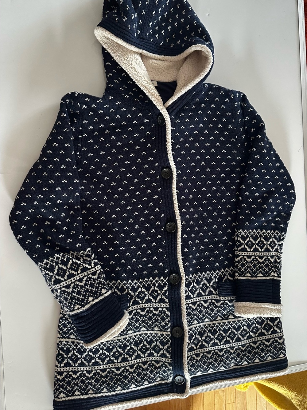 LL Bean Navy Fair Isle Sherpa Lined Hooded Cardigan Sweater Womens Sz Large